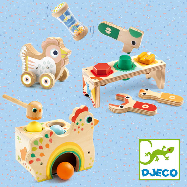 Kurka drewniana na kółkach z pozytywką Djeco