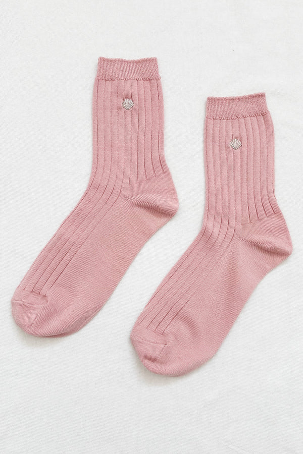 Skarpety Embroidered Her Socks pink soda + silver seashell Le Bon Shoppe