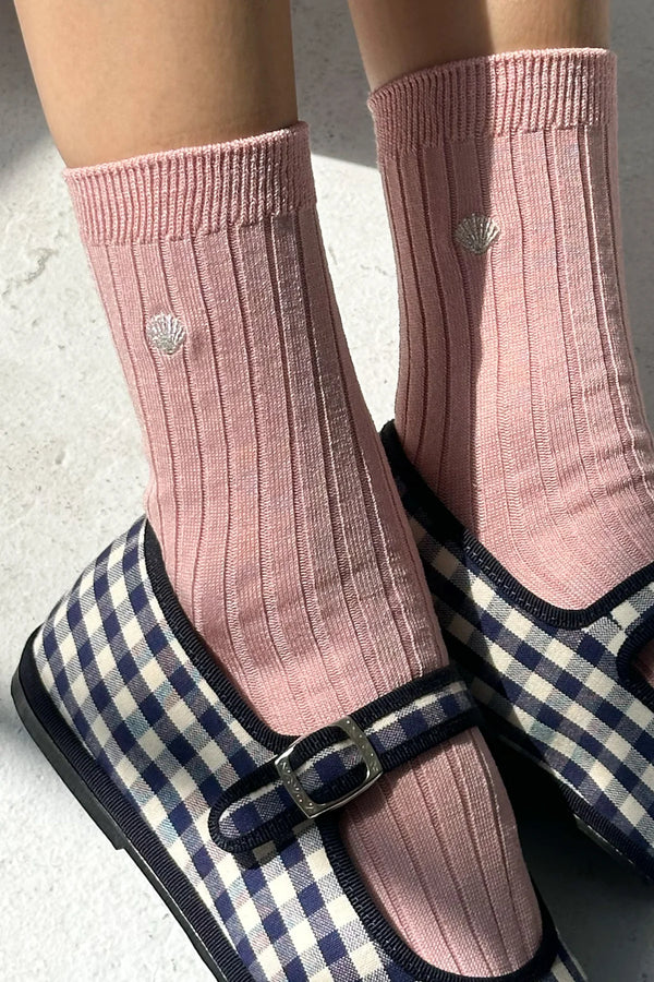 Skarpety Embroidered Her Socks pink soda + silver seashell Le Bon Shoppe