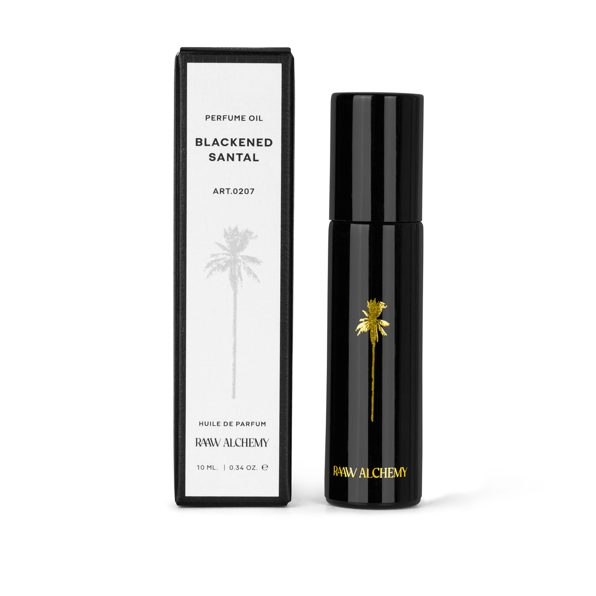 Czarna butelka perfum w olejku Blackened Santal marki RAAW Alchemy obok dedykowanego białego opakowania kartonowego.