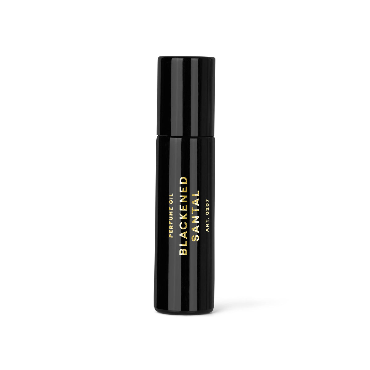 Czarna szklana butelka perfum w olejku Blackened Santal marki RAAW Alchemy ustawiona na jasnym tle.