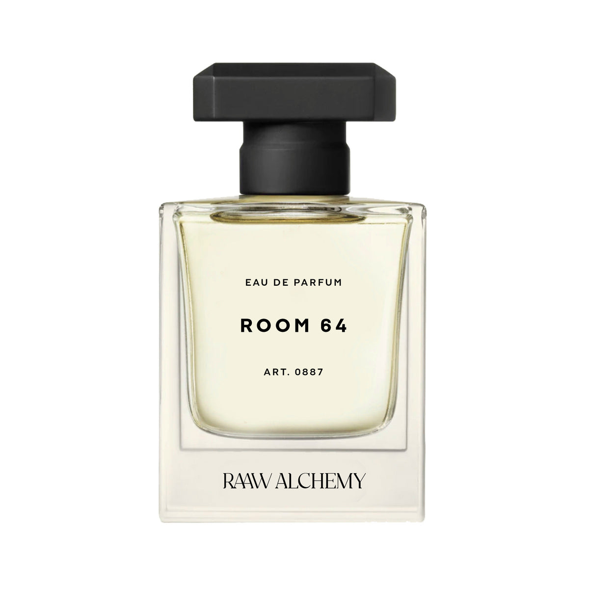 Szklana butelka wody perfumowanej Room 64 marki RAAW Alchemy z czarną nakrętką na jasnym tle.