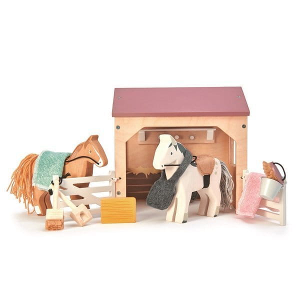 Drewniane Figurki do Zabawy - Stajnia z Końmi