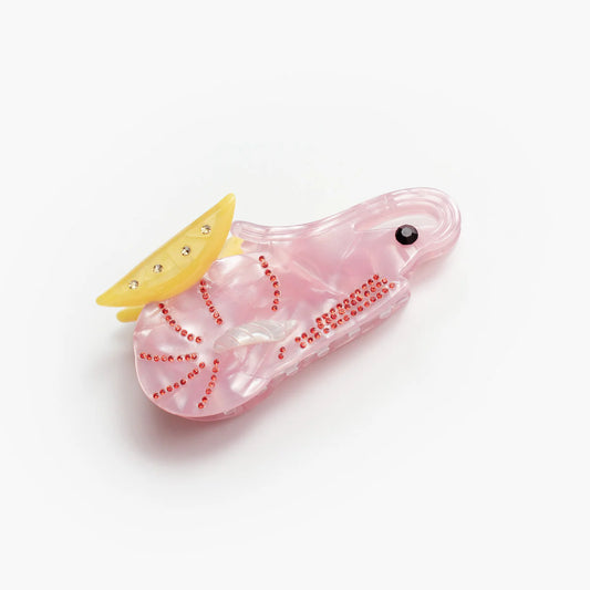 Kolorowa klamra do włosów Cajun Shrimp Claw w kształcie krewetki marki Winona Irene sfotografowana na jasnym tle.